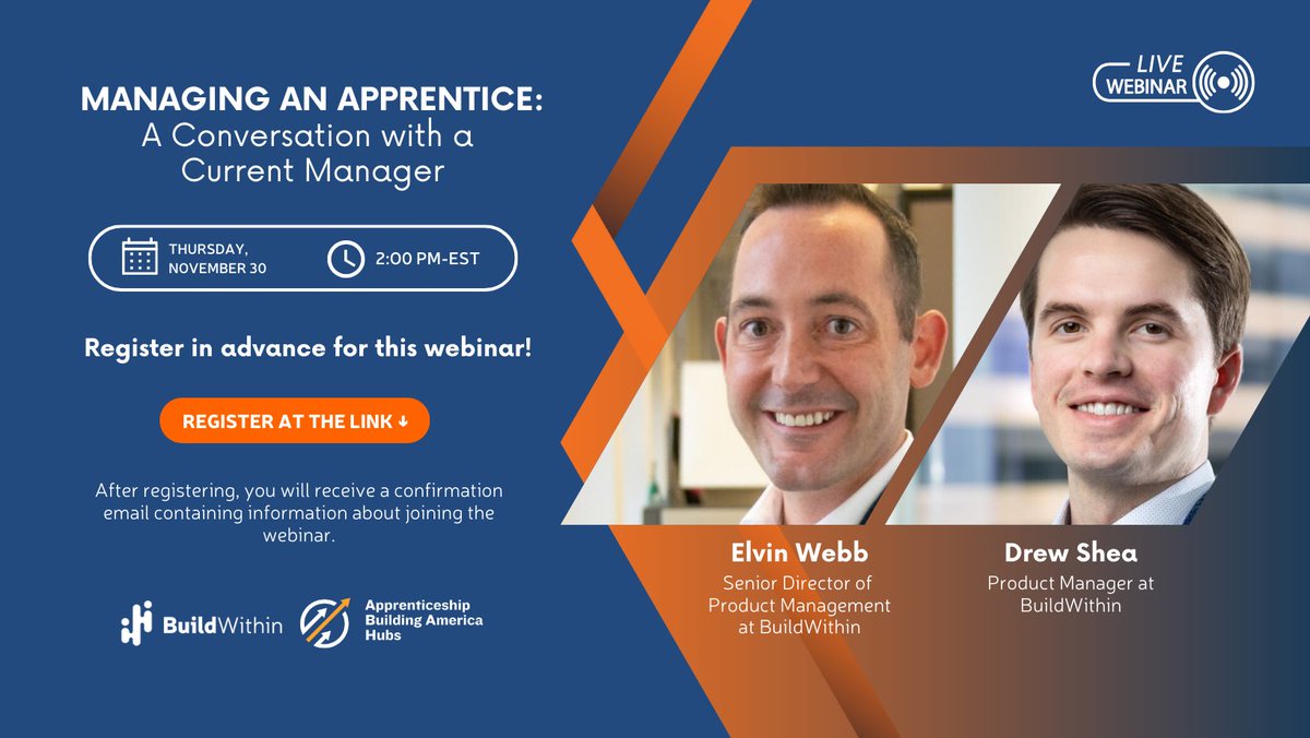 ApprenticesTech's tweet photo. Learn from the pros!
Elvin Webb & Drew Shea talk apprentice management on 📆Nov 30.
⏰2PM EST.
Engage with us in this dynamic conversation.
Register now! ➡️https://t.co/66EUyH9Xtz
#Apprenticeships https://t.co/XnpgkRV82s