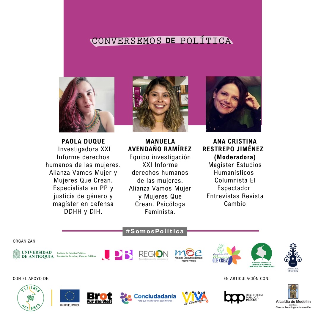 🗣️ #ConversemosDePolítica sobre…
🟣👩🏽‍⚖️ JUSTICIA Y CUIDADO FEMINISTA FRENTE A LAS VIOLENCIAS CONTRA LAS MUJERES 👩🏻‍⚖️🟣
🗓️ Miércoles #29deNoviembre de #2023
🕔 4 a 6 de la tarde
🏡 En el hall de la Biblioteca Pública Piloto de Medellín

#SomosPolítica