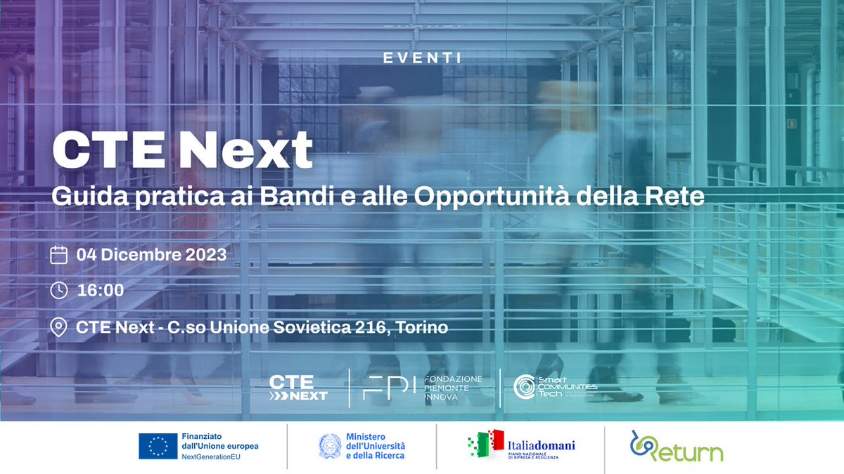 🚀 Partecipa a <<CTE NEXT: guida pratica ai bandi e alle opportunità della rete>> il 4 dicembre alle 16.00 presso #CSINext. Esplora le opportunità del #PNRR e scopri i #bandi attivi come #Return e molti altri.
Info e registrazione👉bit.ly/3uws7Pk 
#ctenext <a href="/cluster_smart/">SmartCommunitiesTech</a>