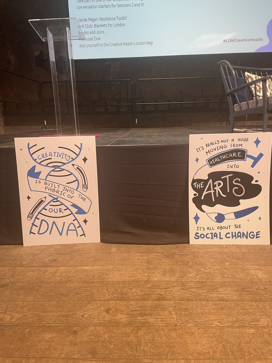 Leveraging creative arts for Londoners, building sustainable models for social change, we’re coming to you live & in living colour from @battersea_arts 💙🖤 Some snapshots of the day’s discussions, as illustrated by the incredible @RaeGoddard281 🖌️ #LDNCreativeHealth