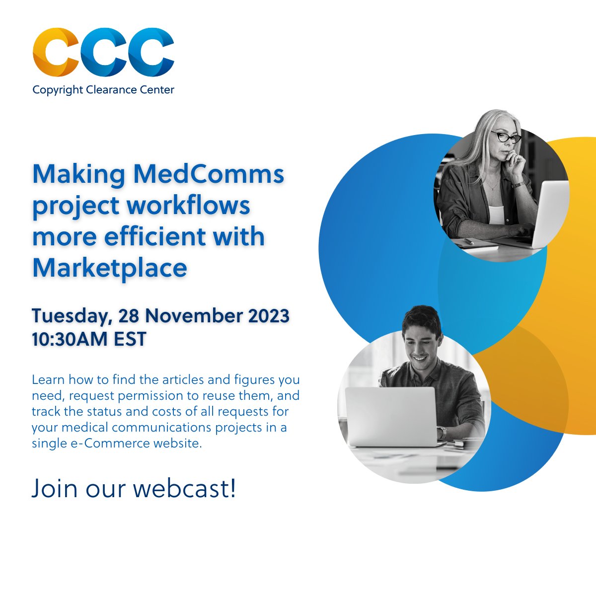 Join us tomorrow to learn how @copyrightclear's Marketplace can help you streamline #content and #permissions for #medicalcommunications projects in one easy-to-use system. Register: copyright.com/landing/28-nov…