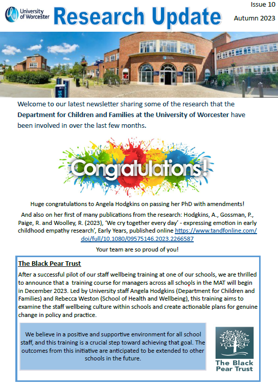 Read our latest @UWDCF Research Newsletter! <a href="/education_uw/">University of Worcester Institute of Education</a> @worcester_uni 

A huge congratulations to <a href="/a_hodgkins/">Angela Hodgkins</a> for her PhD result!

To receive a full version, please email Julie: j.woodhouse@worc.ac.uk