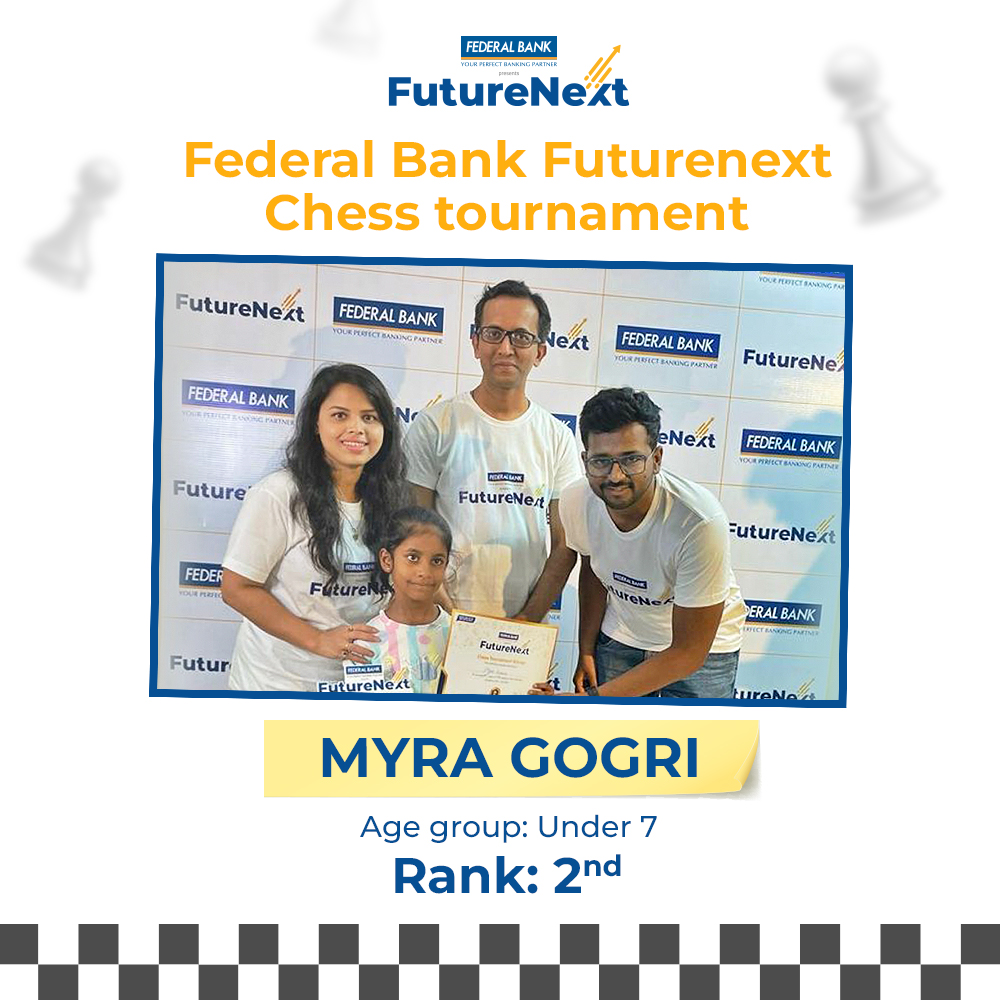 chessniti's tweet photo. The Federal Bank Futurenext Chess Tournament was nothing short of a fierce battle, &amp; our students truly rose to the occasion. 

In under-15 age group, student Jaiveer Patil claimed 1st place, while student Myra Gogri secured the 2nd rank in the under-7 category. @FederalBankLtd https://t.co/wVwAR62ToS