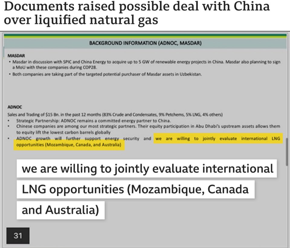 thibaultlpv's tweet photo. Leaked briefings prepared by the UAE's COP28 team reveal plans to discuss fossil fuel deals with 15 nations

Talking points for meetings with foreign delegations position Adnoc for new projects

Adnoc is UAE's state oil company whose CEO is #COP28 chief

https://t.co/JP3NcDYTI5 https://t.co/H516Jh4sIB