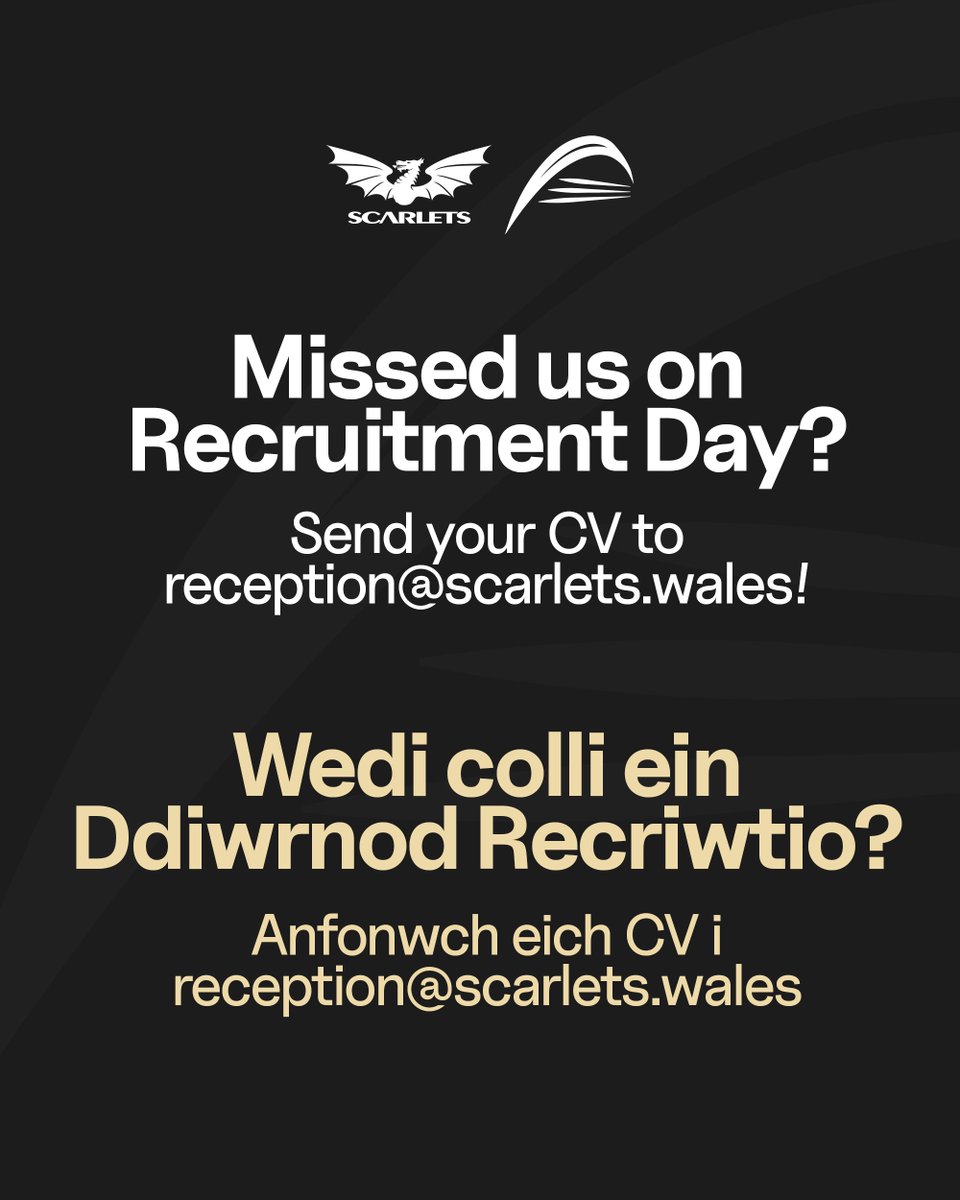 🤔 Missed our recruitment day but interested in a job at Parc y Scarlets? Not to worry! Email your CV to reception@scarlets.wales 📩 🤔 Wedi colli ein diwrnod recriwtio ond yn awyddus i weitho ym Mharc y Scarlets? Paid a phoeni! Anfonwch eich CV i reception@scarlets.wales 📩