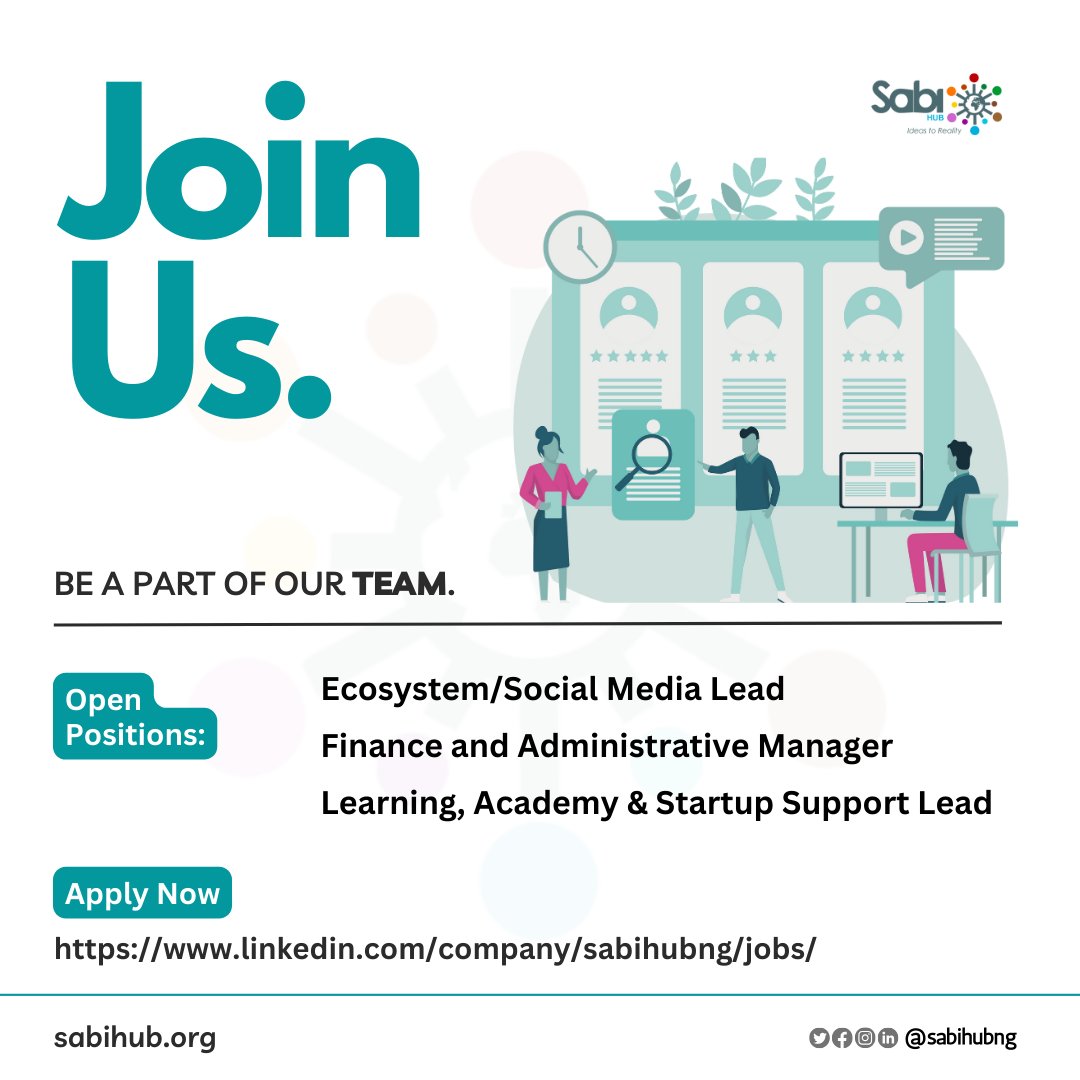 sabihubng's tweet photo. 📣📣📣We're #Hiring!!!

We've got some exciting open positions.

Sabi Hub is about people who see and do things innovatively. We’re actively in search of dynamic, creative, competent and impact driven personalities to join our team. https://t.co/RA0XFNNTpb