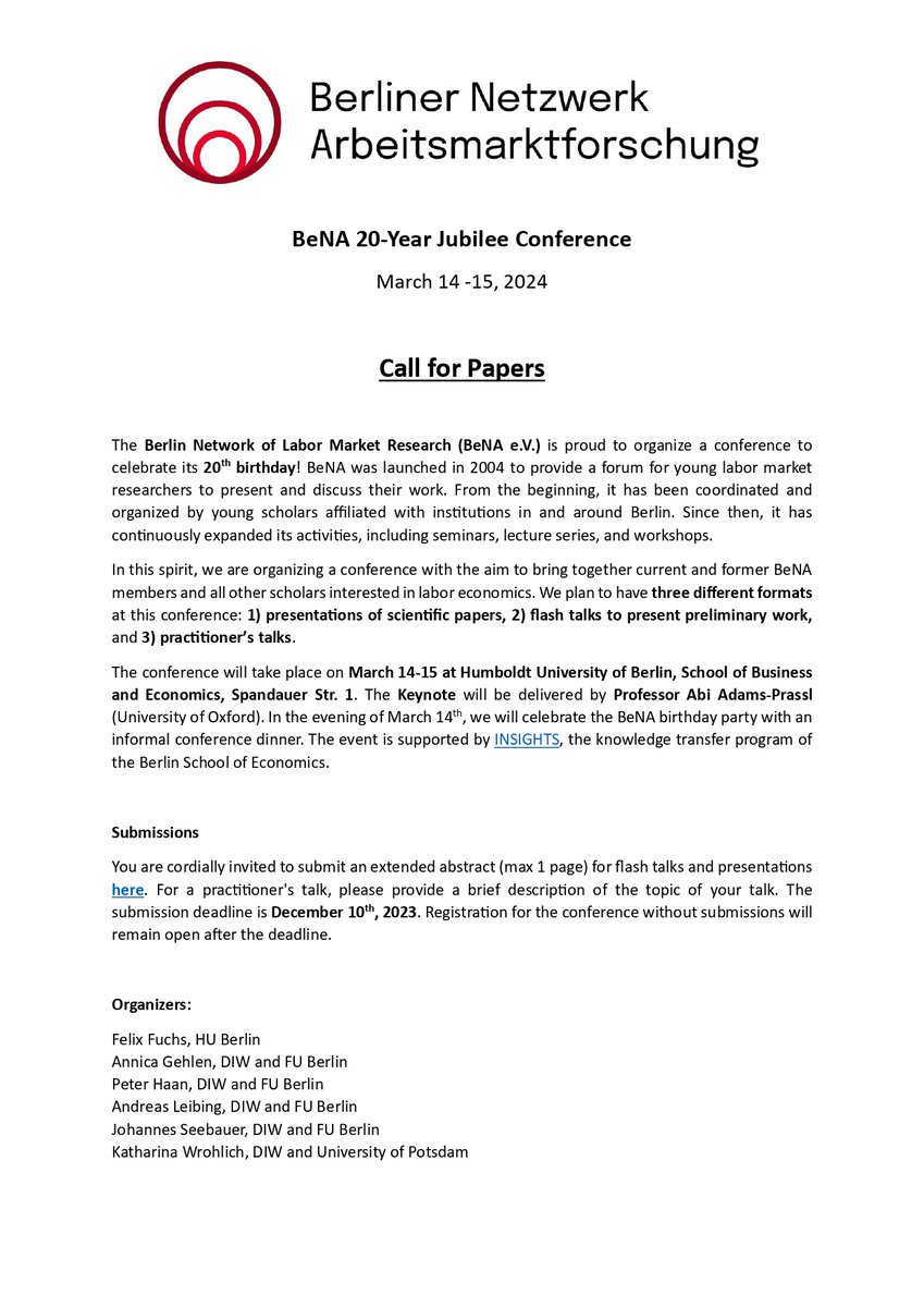 📢CALL FOR PAPERS

We are excited to announce the ✨"BeNA 20-Year Jubilee Conference"✨

Details and submission here: labor-research.net/2023/11/22/ben…

When?: March 14-15, 2024
Where?: <a href="/HumboldtUni/">Humboldt-Universität zu Berlin</a>, Spandauer Str. 1, Berlin
Who?: Members/alums/friends (open for all)

Let's celebrate 🎂