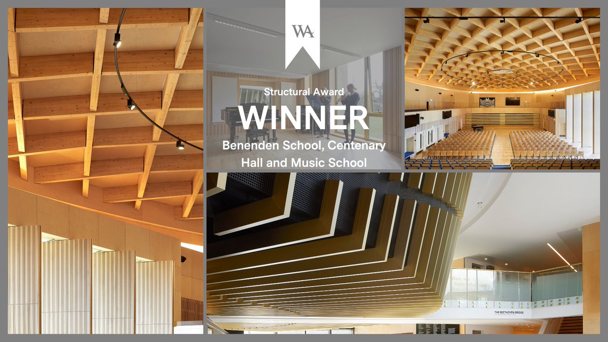 Benenden School, Centenary Hall and Music School is the #WoodAwards23 Structural Winner. The judges' accolades are no surprise, as this architectural gem is a true 'tour-de-force of timber', engineered to its fullest auditory potential. Winning projects: bit.ly/3GdY4i4