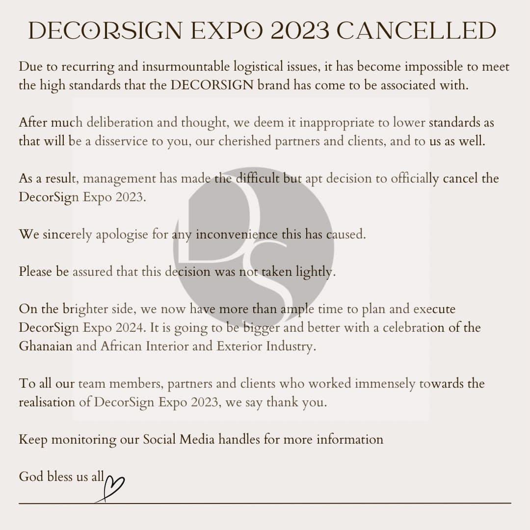 DecorSigngh's tweet photo. DecorSign 2023 EXPO  -Cancellation Information

As disappointed as we are that we can’t bring you the event as planned.

After much thoughts and deliberation,we have made the difficult decision to cancel Expo 2023.

! https://t.co/u7mKdaepMt