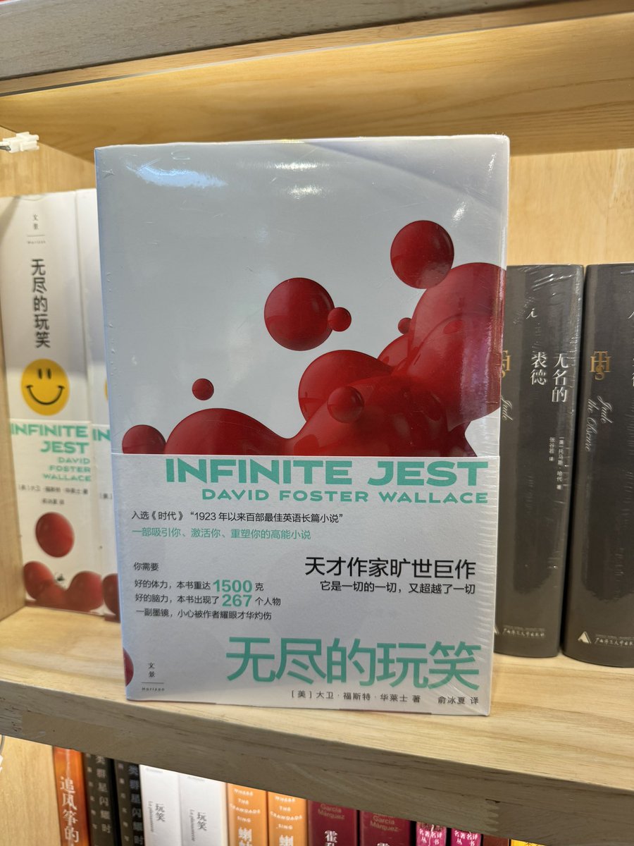 I’m in China and found the Chinese translation of Infinite Jest. Cover text reads: You need physical strength, this book weighs 1500 grams; mental strength, 267 characters appear in this book; and a pair of sunglasses, be careful not to get burned by the author’s dazzling talent.