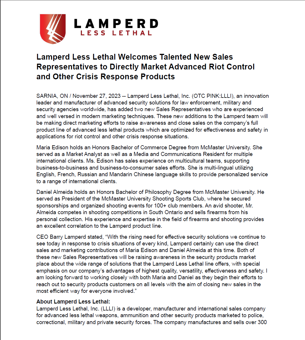 LLLI_LessLethal's tweet photo. $LLLI Lamperd Less Lethal Welcomes Talented New Sales Representatives to Directly Market Advanced Riot Control and Other Crisis Response Products
SARNIA, ON / November 27, 2023 -- Lamperd Less Lethal, Inc. (OTC PINK:LLLI)   https://t.co/s8zMlaqxyq #sales #reps #lesslethal #crisis https://t.co/HSH80twmNc