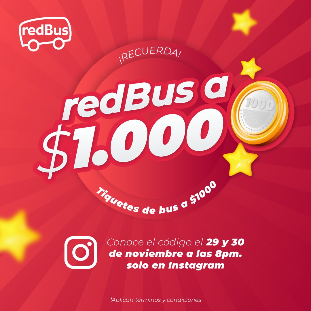🚌🎉 ¡Prepárate para redBus a mil! 🚌🎉 Recuerda A las 8 pm del 29 y 30 de noviembre, revelaremos el código mágico en Instagram. 

¡Viajar a solo $1.000 nunca fue tan fácil! 🌟 #redBusAMil #colombia #tiquetesdebus #viajes