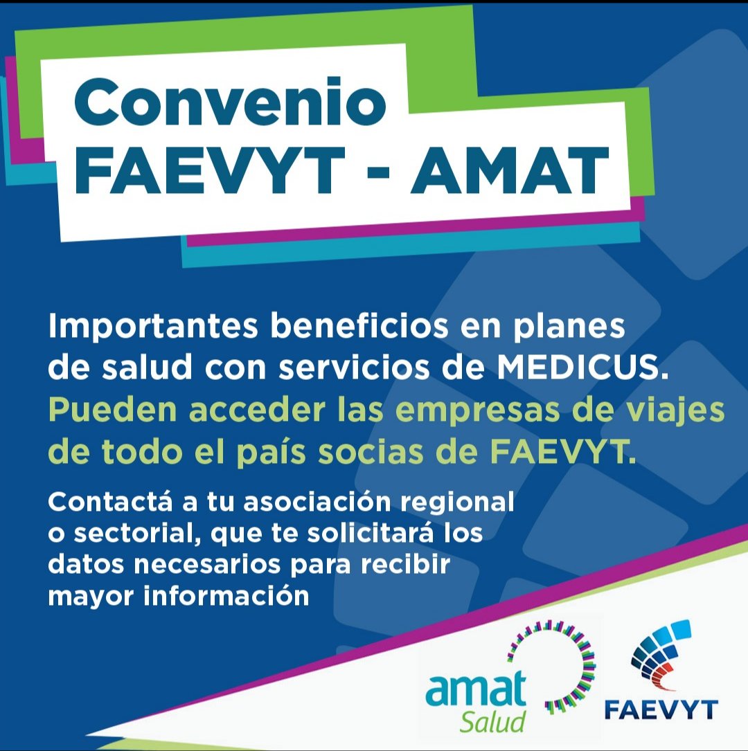 FAEVYT's tweet photo. ✍️ Gracias al convenio firmado junto a #AmatSalud los socios #FAEVYT pueden acceder a planes de salud con tarifas especiales corporativas con la empresa MEDICUS S.A 💪

📱 Contactá a tu asociación regional o sectorial para más info

#SomosFaevyt #SomosTurismo #AMAT #Covenio https://t.co/O7r0hgSRrO