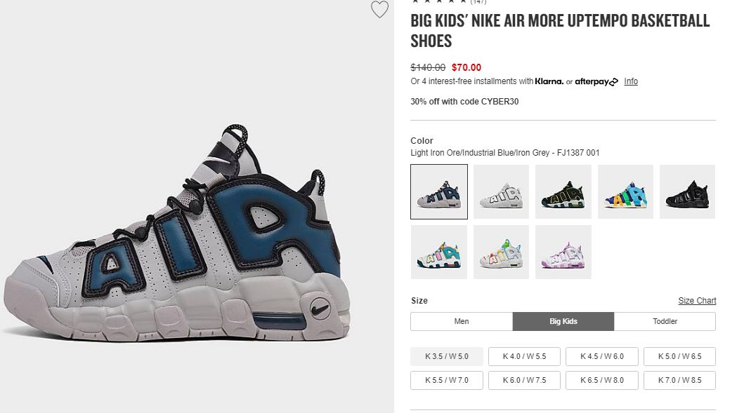 BallinSneaks's tweet photo. GS Nike Air More Uptempo Industrial Blue $49 with code CYBER30 (US Only) https://t.co/bqHhlChTcN https://t.co/FAEErNe2Jz