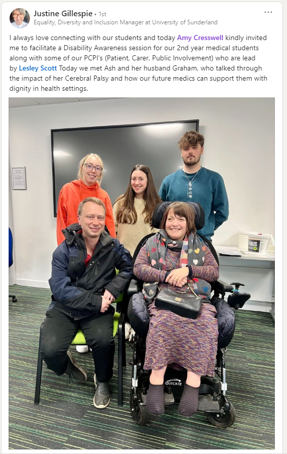 PCPIUoS's tweet photo. The lovely Justine Gillespie @EdiSunderland was working with some of our PCPIs today, helping second year medical students at a Disability Awareness session. Just one of the man ways PCPIs can help enhance the learning journey for students @sunderlanduni https://t.co/wxrC6RbFD6