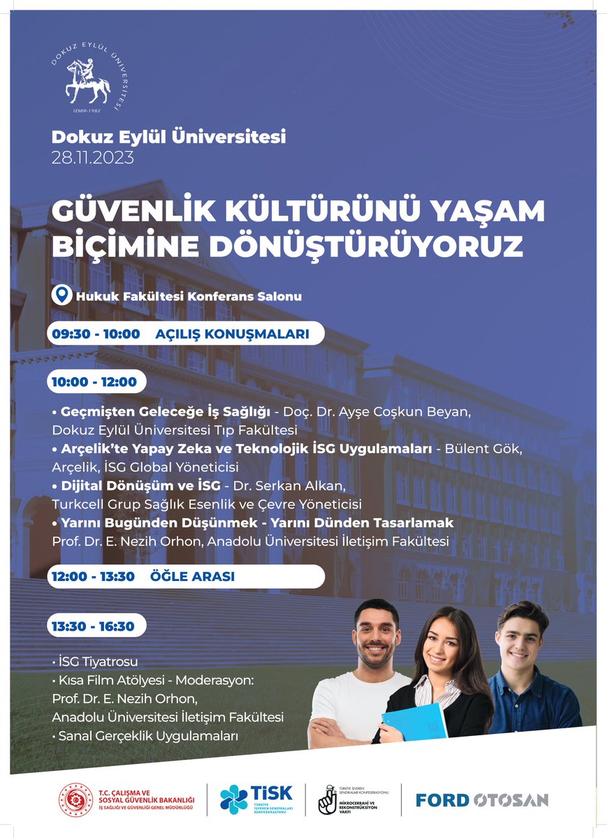 #universitemDEU olarak, ‘Güvenlik Kültürünü Yaşam Biçimine Dönüştürüyoruz’ adlı sempozyuma ev sahipliği yapıyoruz. 🗓️28 Kasım saat 9.30’da <a href="/deuhukuk/">deuhukuk</a> Fakültemizde açılış konuşmalarıyla başlayacak olan sempozyumumuzda, geçmişten geleceğe iş sağlığı, yapay zeka teknolojileri ve