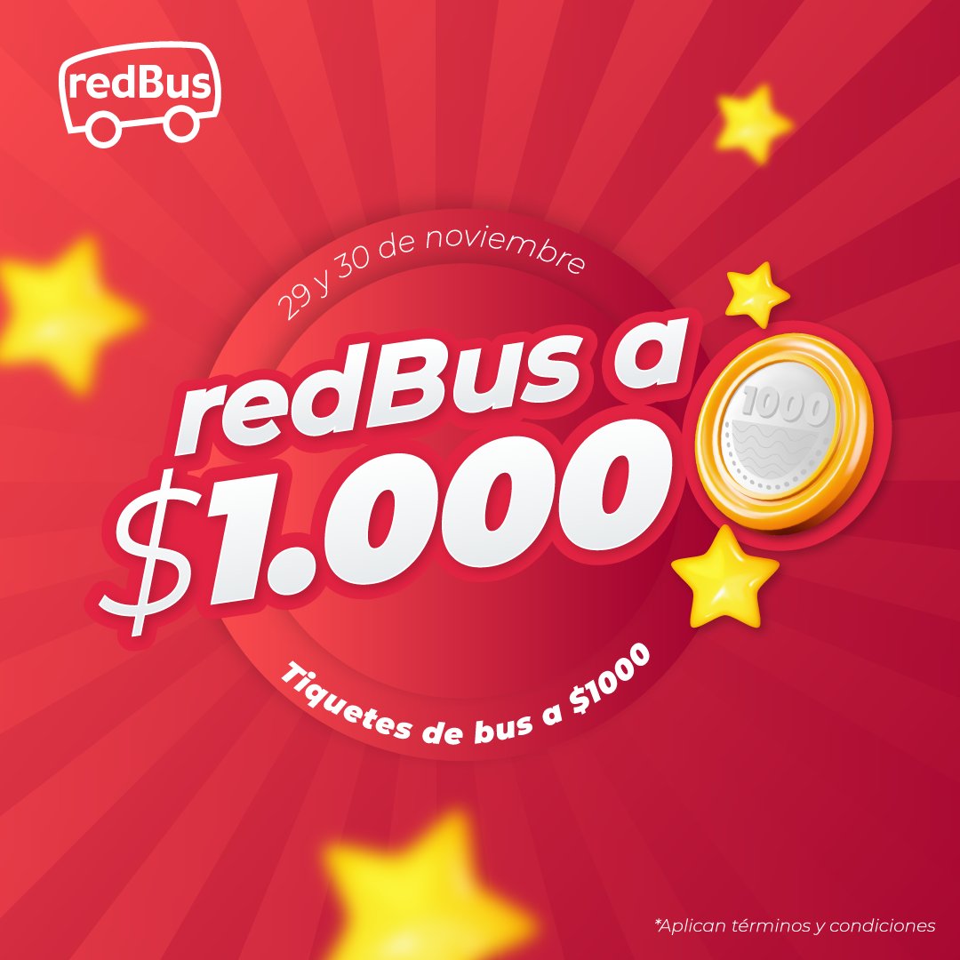 🔥 ¡Tiquetes a $1.000 con #redBus! 🔥

Este 29 y 30 de noviembre regresamos con la mejor promo para llevarte a tu destino soñado,
¡y tan solo a MIL PESOS! 💰

📌 ¡Ya no hagas filas! Reserva tus tiquetes de bus online sin salir de casa con redBus 🚍.
👉 linktr.ee/redbus_co