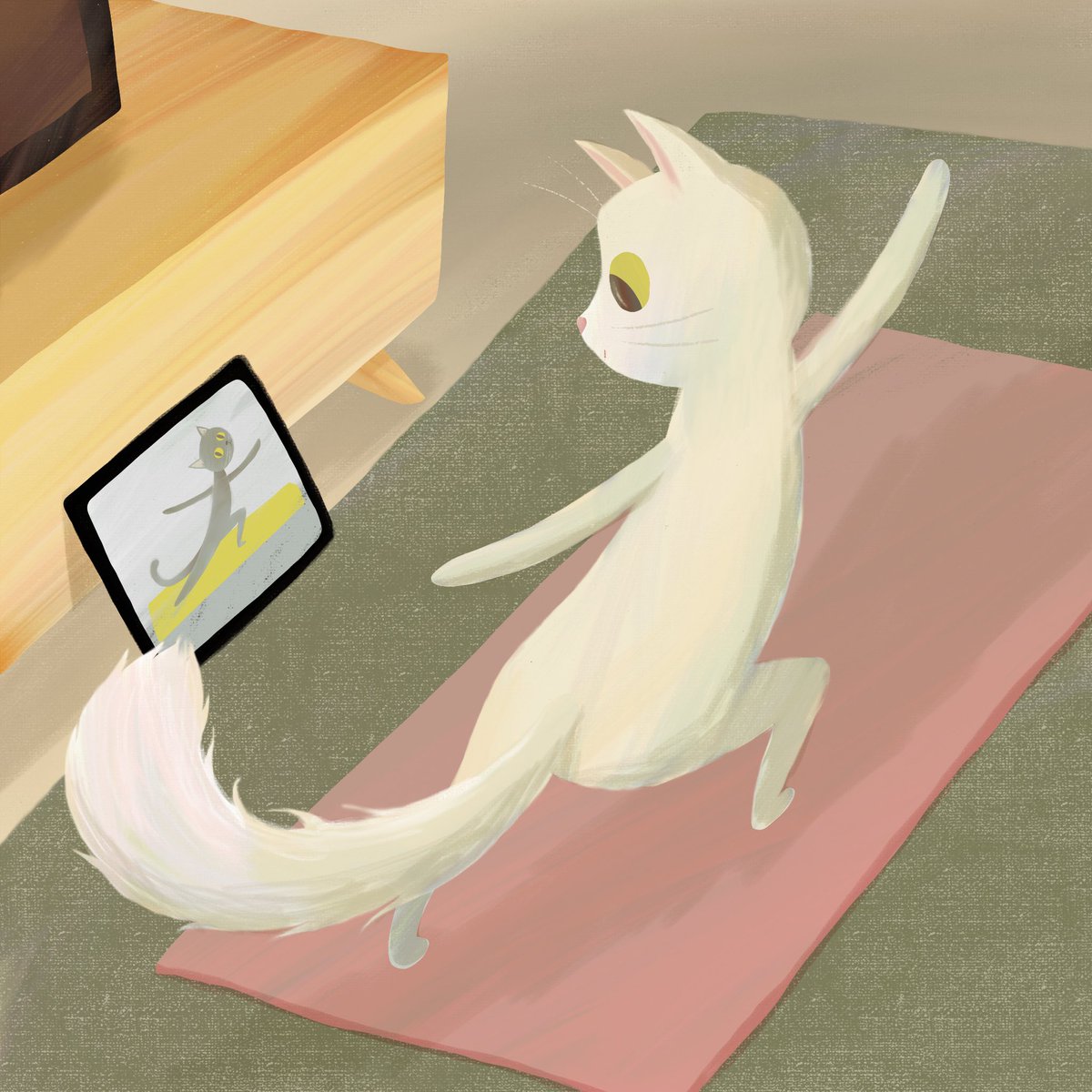violetlemay's tweet photo. More than a year since my ACL replacement surgery, I’m finally back on my yoga mat. Very grateful and happy to be following along with @yogawithadriene again! 🧘♀️ #violetlemay #yogawithadriene #illystration #illystrator #artist #dailydoidle #yoga #cats #mbartists https://t.co/fgbuhozHLZ