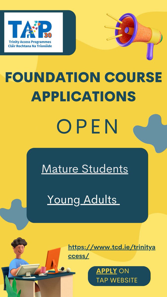 Applications to the Foundation Course are open. Apply NOW! Foundation Course mature students: tcd.ie/trinityaccess/… Foundation Course young adults: ww.tcd.ie/trinityaccess/…