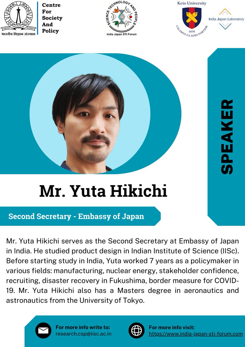 IISc-CSP (@iisc_csp) on Twitter photo We are honored to announce our distinguished Speaker, Mr. Yuta Hikichi, Second Secretary of the Embassy of <a href="/JapaninIndia/">Embassy of Japan in India</a> for the India-Japan STI Conference.
Mark your Calendar: 1-2 December, 2023
Explore more on: india-japan-sti-forum.com
#IndiaJapanSTIConference We are honored to announce our distinguished Speaker, Mr. Yuta Hikichi, Second Secretary of the Embassy of <a href="/JapaninIndia/">Embassy of Japan in India</a> for the India-Japan STI Conference.
Mark your Calendar: 1-2 December, 2023
Explore more on: india-japan-sti-forum.com
#IndiaJapanSTIConference