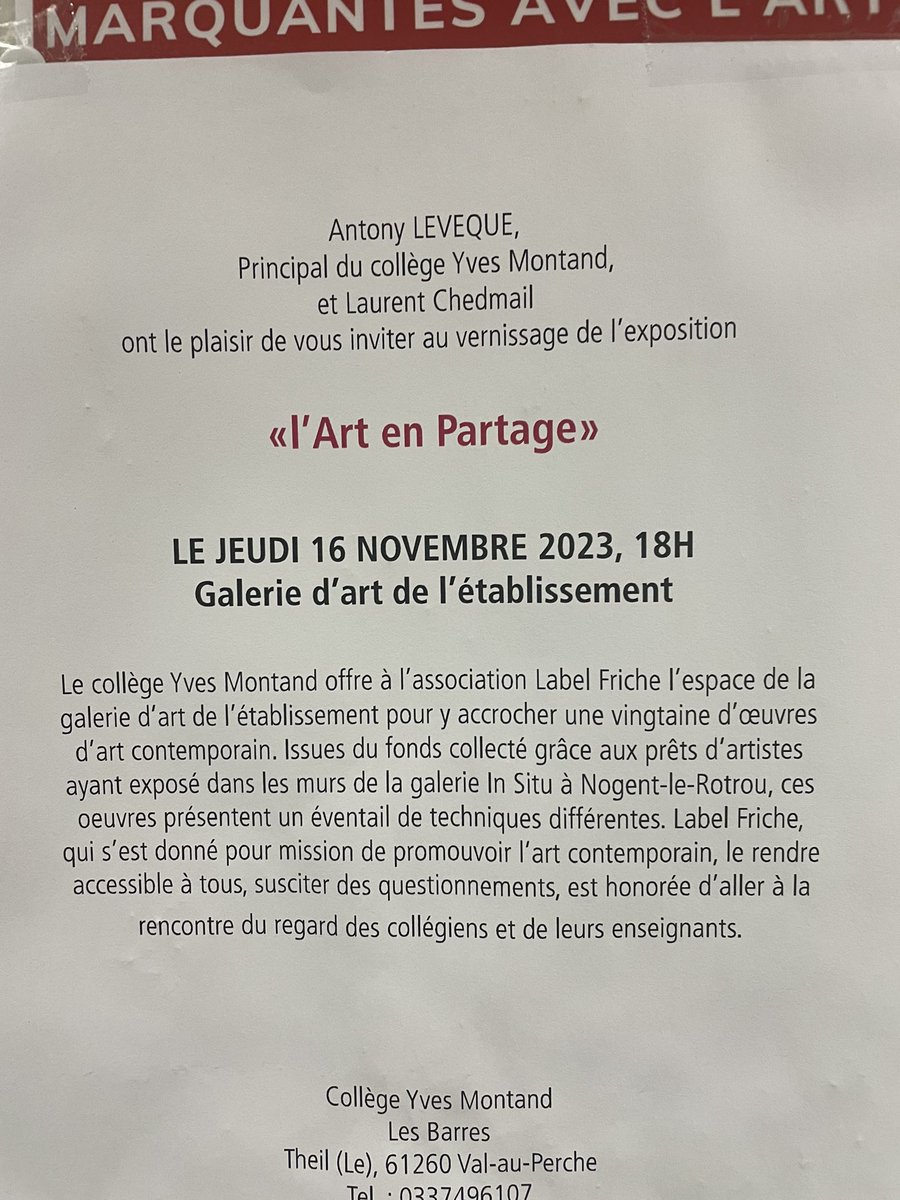 CeMontand's tweet photo. Accueil de l’association Label Friche de Nogent le Rotrou au sein de la salle d’exposition du collège. Les artistes ont mis à disposition leurs œuvres pour composer une scénographie éclectique  au profit des élèves et leurs parents. À voir jusqu’au 12 décembre 2023 https://t.co/YSJzEWLLjo