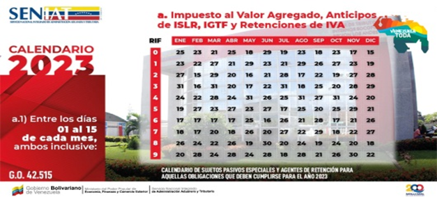 SENIAT_STICO's tweet photo. Calendario de Impuesto al Valor Agregado, Anticipo del ISLR, IGTF y retenciones de IVA.  #SENIATPotenciaLaEconomía https://t.co/X4vIh1qIep