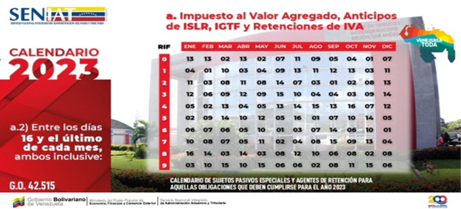 Calendario de Impuesto al Valor Agregado, Anticipo del ISLR, IGTF y retenciones de IVA.  #SENIATPotenciaLaEconomía