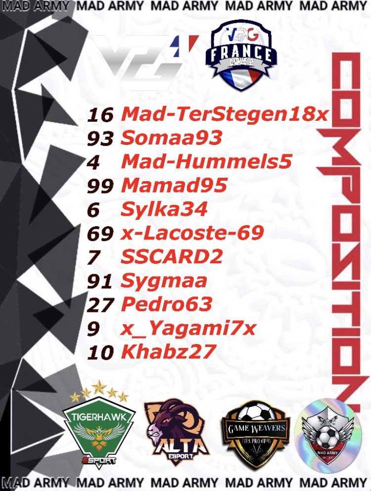 Compo du soir !

Ce soir nos aigles jouerons pour le compte de la <a href="/VPGFrance_/">VPG France</a> face à 
<a href="/TigerhawkEsport/">TIGERHAWK Esport</a> &amp; <a href="/Alta_ESport/">Alta Esport</a> 

Puis en CDF <a href="/VPGFrance_/">VPG France</a> pour le 32eme de finale face à <a href="/g_weavers/">Game Weavers</a> 

Bonne chance à nos adversaires 
#ForzaMada ❤️🤍🦅