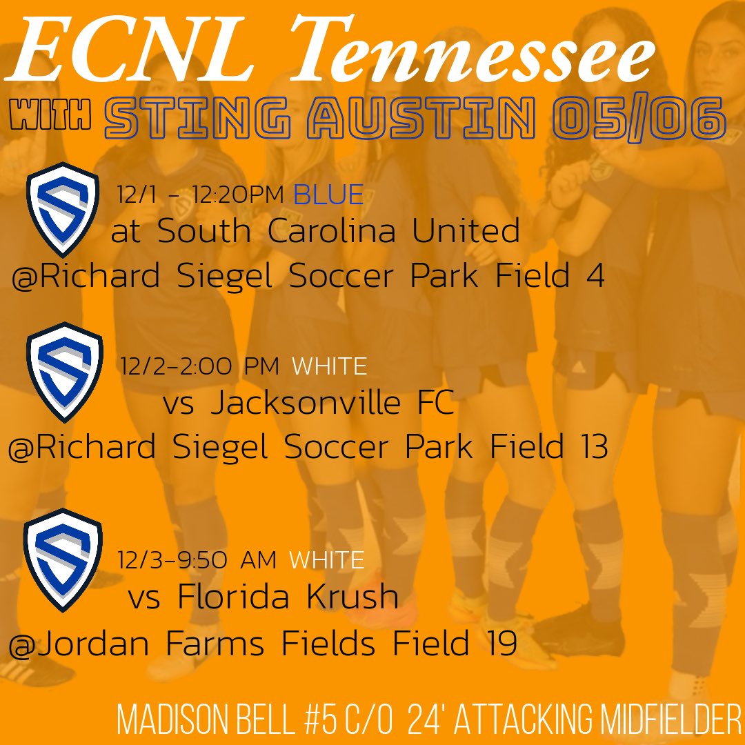 Just 5️⃣ days away from #ECNLTN , Couldn’t be more excited,If your looking for some great games make sure to stop by <a href="/stingaustin06/">Sting Austin 05/06 ECNL U18/U19</a> games this upcoming weekend✅Hope to see y’all there! <a href="/ImYouthSoccer/">ECNL/GA/Recruiting/College Soccer</a> <a href="/JREskilson/">J.R. Eskilson</a> <a href="/travismclark/">Travis Clark</a> <a href="/PrepSoccer/">Prep Soccer ⚽️</a> <a href="/TopDrawerSoccer/">TopDrawerSoccer</a> <a href="/TheSoccerWire/">SoccerWire</a> <a href="/ECNLgirls/">ECNL Girls</a>