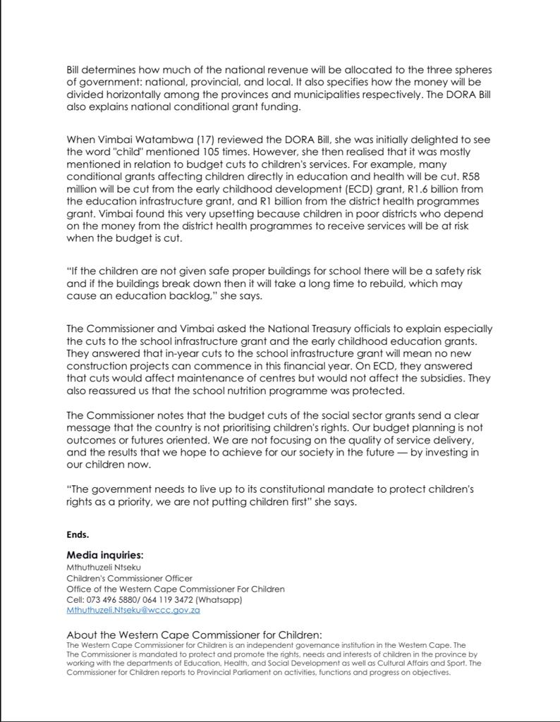 <a href="/ChildCommWC/">Children's Commissioner WC</a>  and advisor Vimbai Watambwa presented before <a href="/WCProvParl/">WesternCapeProvParl</a>  Budget Committee on the Division of Revenue Amendment Bill.
#littlevoicesMUSTcount
#kleinstemmetjiesMOETsaakmaak
#amazwiamancinciMAKAVAKALE