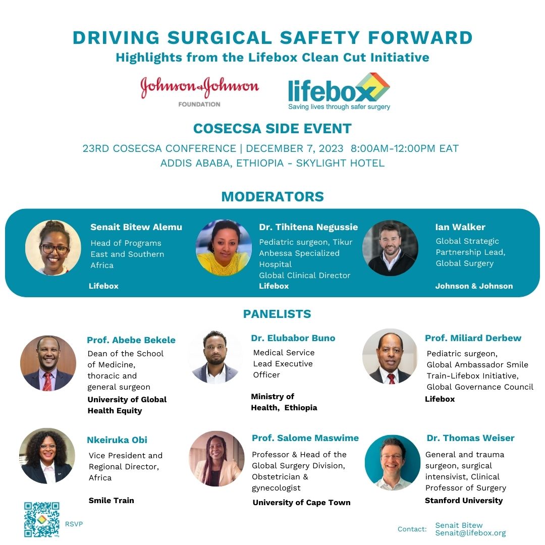 SaferSurgery's tweet photo. π£Join Lifebox & @JNJGlobalHealth and our panel of experts for 'Driving Surgical Safety Forward: Highlights from the Lifebox Clean Cut Initiative'.
A side event at 23rd @cosecsa Scientific Conference in #AddisAbaba π
Sign up: https://t.co/MYSsqnjgjT
#SaferSurgery #CleanCut https://t.co/adZivdYlfV