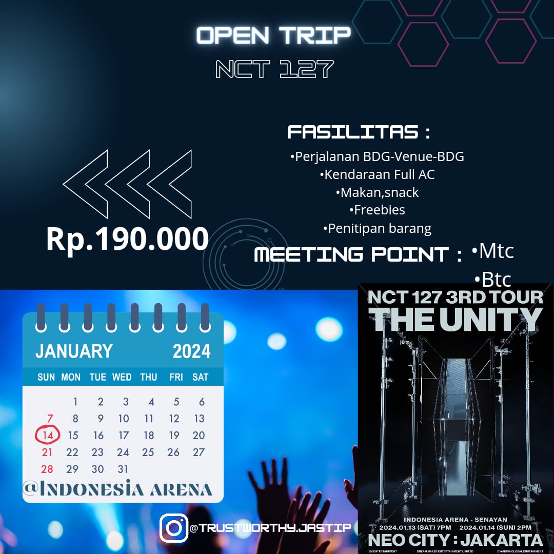 JastipWorthy's tweet photo. 📢 CALLING ALL NCTZEN BANDUNG, CIMAHI &amp; SEKITARNYA 

NCT127 THE UNITY
NEO CITY : JAKARTA

 ★OPEN TRIP (190rb)
✅ PERJALANAN BDG - VENUE - BDG
✅ KENDARAAN FULL AC
✅ MAKAN SIANG + SNACK
✅ PENITIPAN BARANG
✅ FREEBIES (BEBAS REQ)

Meeting Point :
- MTC SOETTA
- BTC PASTEUR https://t.co/KC6dxzCPwj