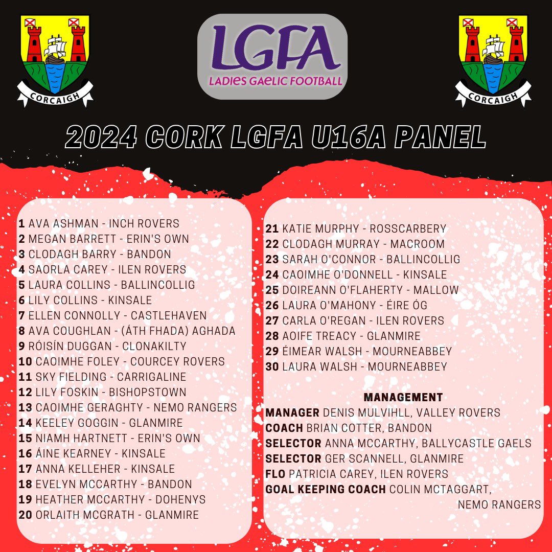 Cork LGFA (@corklgfa) on Twitter photo ‼️𝟮𝟬𝟮𝟰 𝗖𝗼𝗿𝗸 𝗟𝗚𝗙𝗔 𝗨𝟭𝟲𝗔 𝗣𝗮𝗻𝗲𝗹‼️
Cork LGFA would like to announce the u16A panel for 2024!
Congrats to all players selected, we wish them and the management the best of luck for the 2024 season.
#corklgfa #ladiesfootball
<a href="/germccarthy74/">Ger McCarthy</a> <a href="/RnRor/">Rory Noonan</a> <a href="/FiFinnymac/">Finbarr Mc Carthy</a> ‼️𝟮𝟬𝟮𝟰 𝗖𝗼𝗿𝗸 𝗟𝗚𝗙𝗔 𝗨𝟭𝟲𝗔 𝗣𝗮𝗻𝗲𝗹‼️
Cork LGFA would like to announce the u16A panel for 2024!
Congrats to all players selected, we wish them and the management the best of luck for the 2024 season.
#corklgfa #ladiesfootball
<a href="/germccarthy74/">Ger McCarthy</a> <a href="/RnRor/">Rory Noonan</a> <a href="/FiFinnymac/">Finbarr Mc Carthy</a>