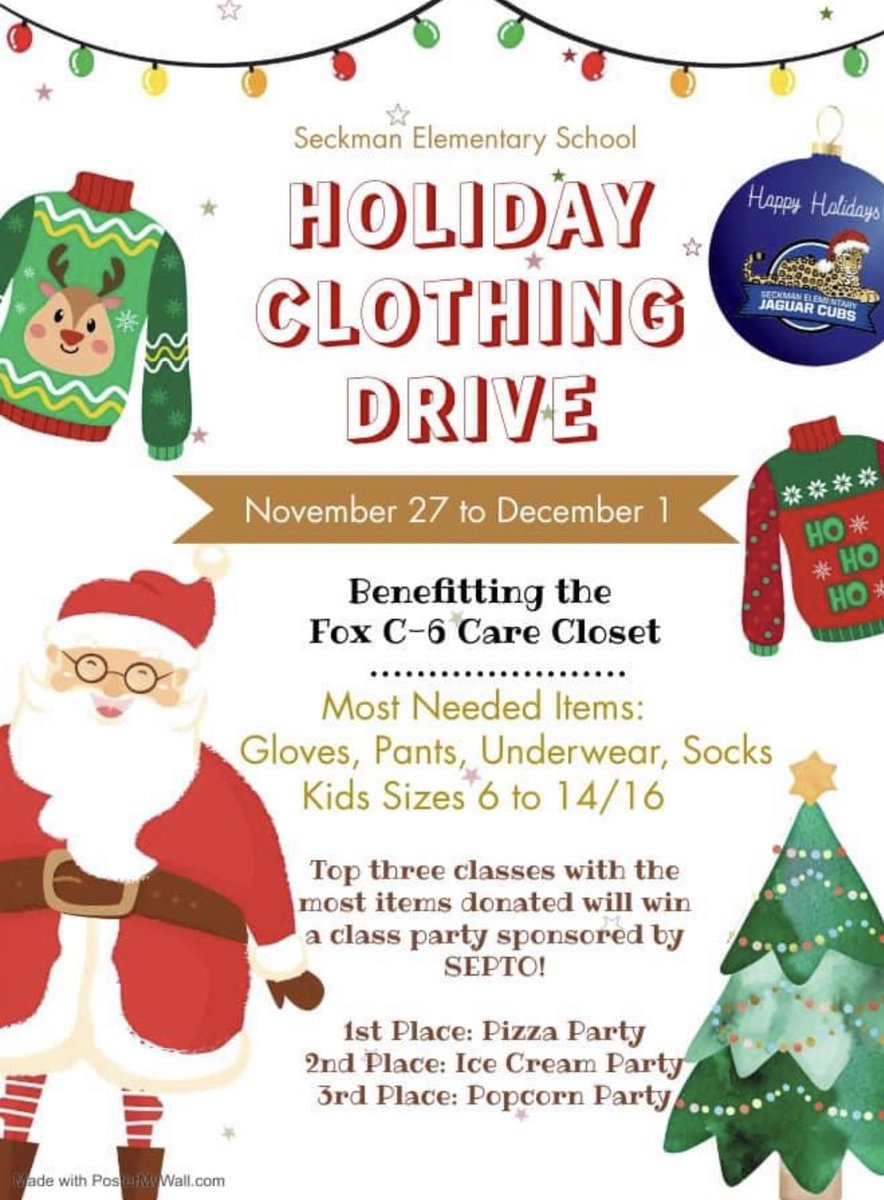 The clothing drive benefitting the Care Closet starts tomorrow! The class that brings in the most items wins a pizza party, second place wins an ice cream party, and third place wins a popcorn party.