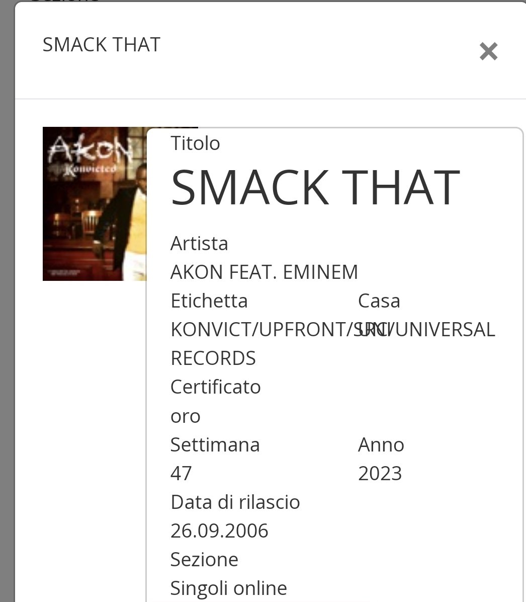 KanifftheGent's tweet photo. Smack That by #Akon ft. @Eminem is now certified Gold 📀 in Italy🇮🇹 . #Eminem #Akon #SmackThat #StreamEminem https://t.co/gz3KAmbrLo