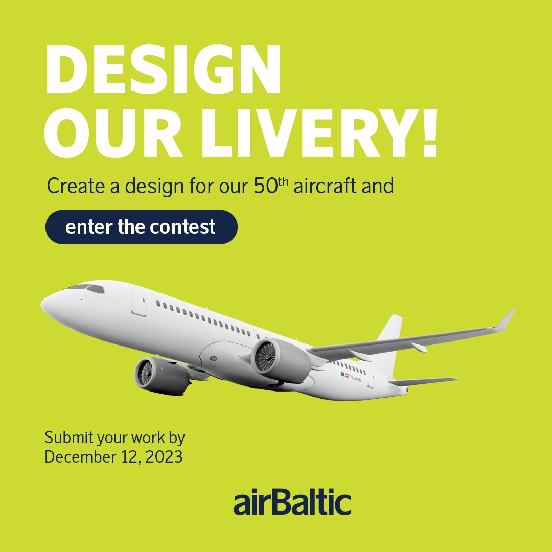 DESIGN OUR LIVERY!🎨✈️ Join the airBaltic Livery Design Contest! As we eagerly await the arrival of our 50th <a href="/Airbus/">Airbus</a> A220-300 aircraft, we're thrilled to invite you to create its design. Unleash your creative skills for a chance to win a once-in-a-lifetime opportunity, as your