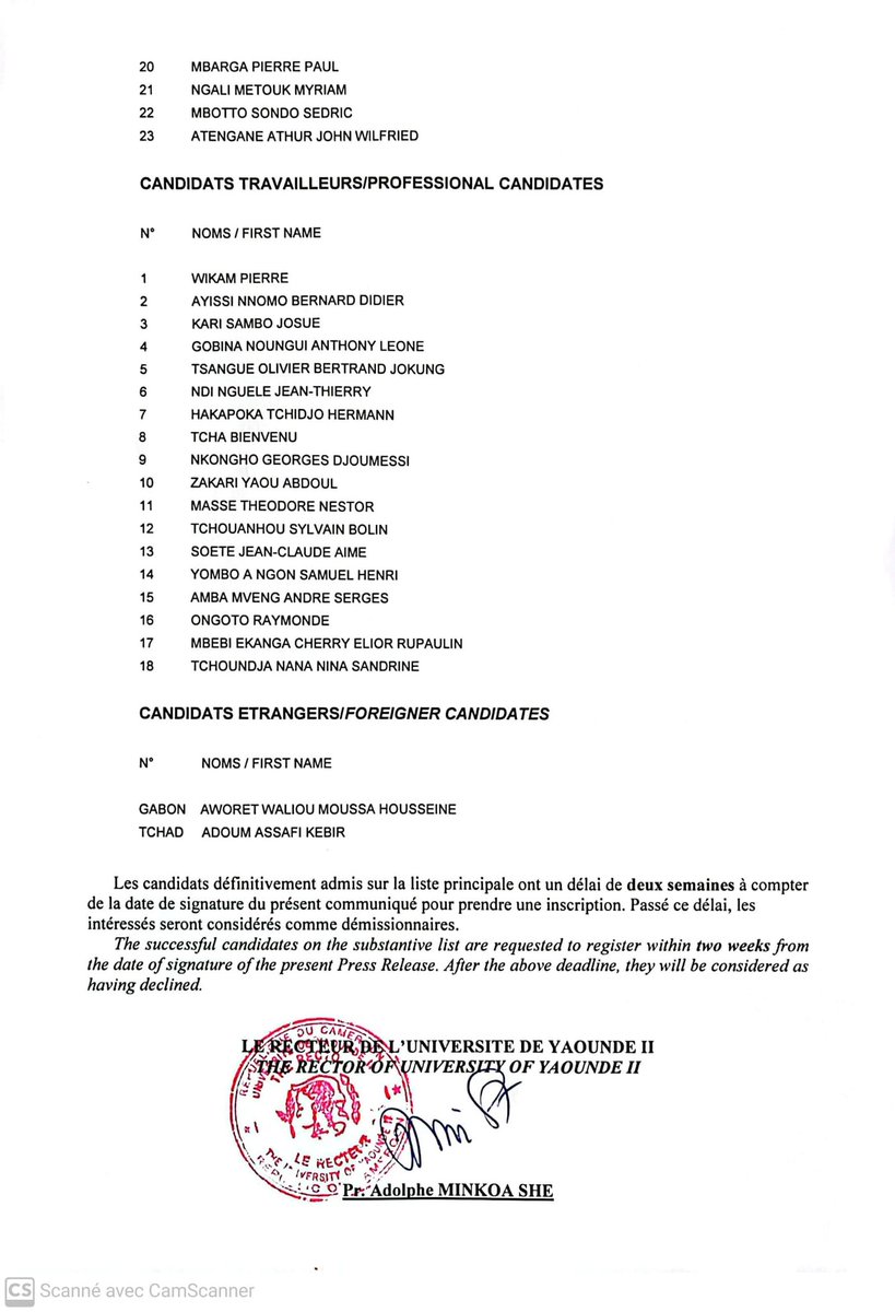 Sont, sous réserve de la présentation des originaux des diplômes requis, déclarés définitivement admis au test de sélection du cycle de Master en Droit International Économique, les candidats dont les noms suivent classés par ordre de mérite.