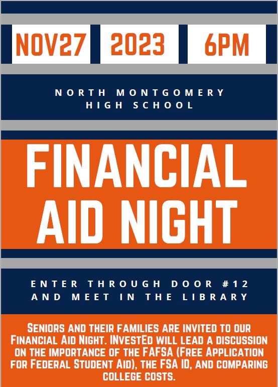 ‼️ Senior Families - Join us this evening for a Financial Aid presentation. There are many changes to FAFSA this year. Come and hear the details tonight! 💰🎓🧡💙