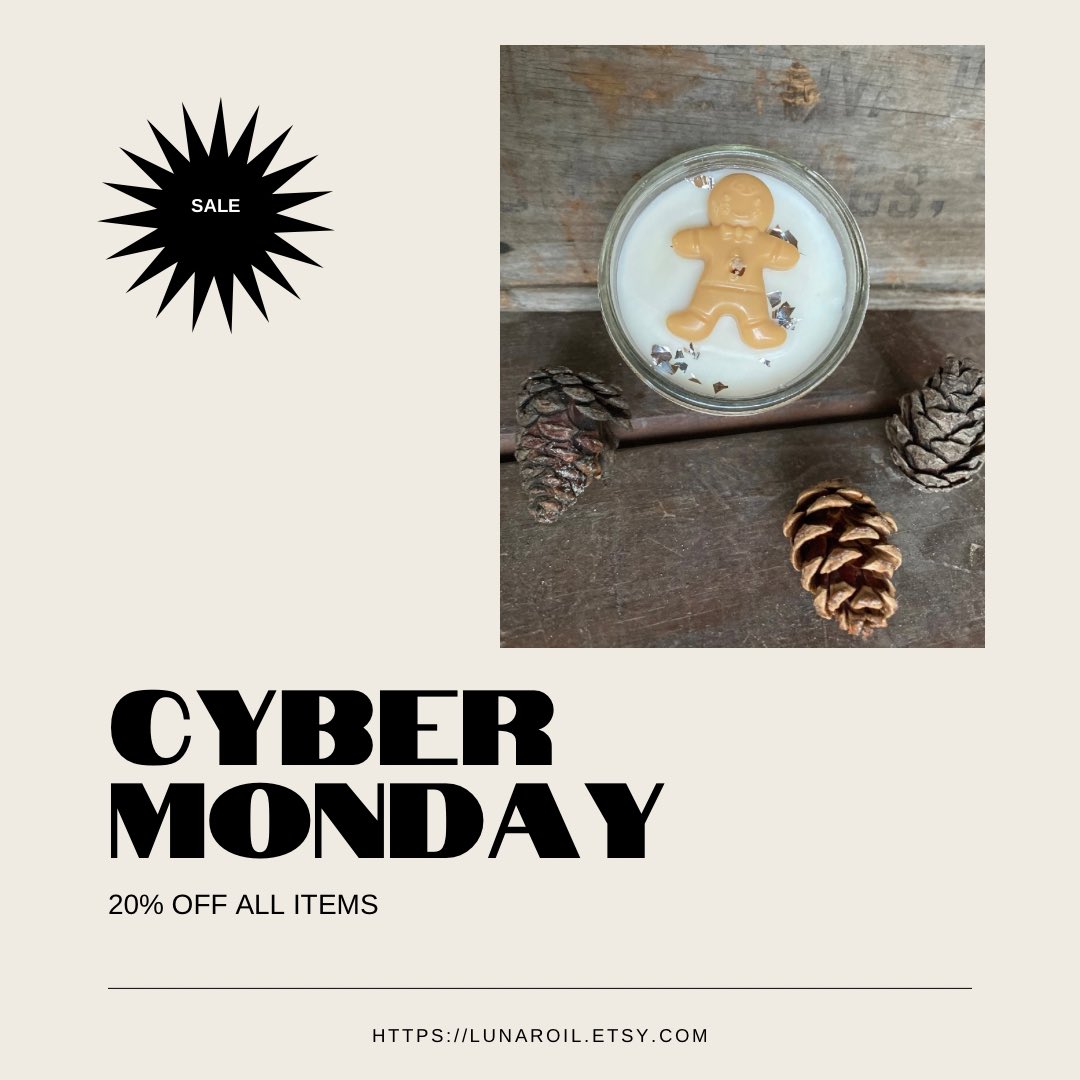 Cyber Monday Sale!

Check out lunaroil.etsy.com for 20% off everything! 

We make all natural and vegan skincare, beauty products and hair products and hand-poured soy wax candles that are scented with essential oils.