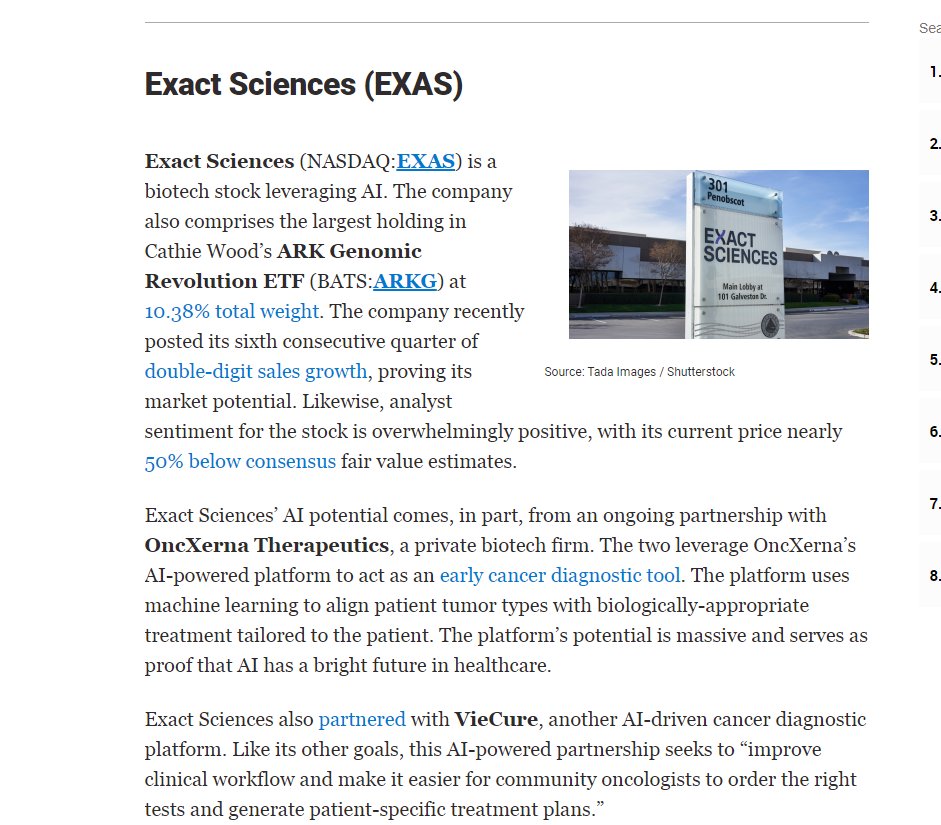 $MREO  OncXerna   👍  its ridiculous  the stock continues to trade $2s

<a href="/CathieDWood/">Cathie Wood</a> <a href="/ARKInvest/">ARK Invest</a>  3 Favorite AI Stocks: October 2023. $ZM $EXAS $PATH  
 -Exact Sciences (EXAS): The firm is leveraging AI partnerships to improve cancer screening. 
 -Exact Sciences’ AI potential