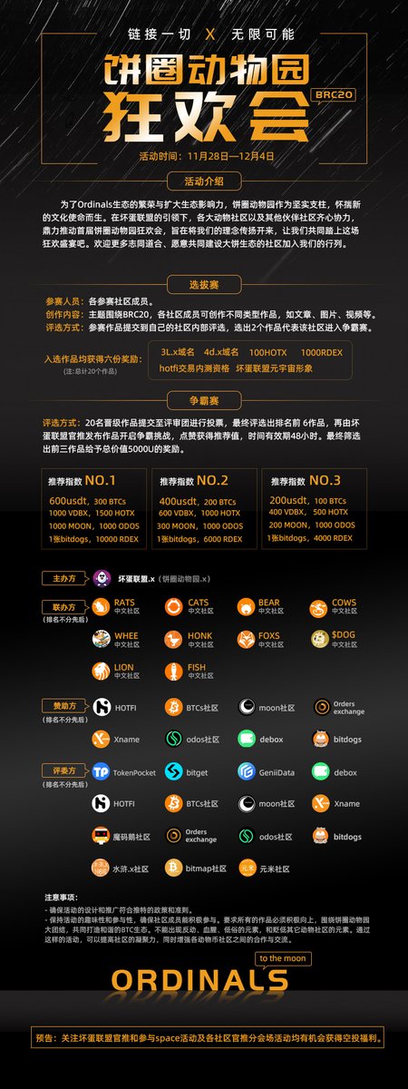 BTC_BadGuys's tweet photo. 【饼圈动物园狂欢会】

活动时间: 11月28日一12月4日

为了ordinals生态的繁荣与扩大生态影响力，饼圈动物园作为坚实支柱，怀揣新的文化使命而生。在坏蛋联盟的引领下，各大动物社区以及其他伙伴社区齐心协力，鼎力推动首届饼圈动物园狂欢会，旨在将我们的理念传扬开来，让我们共同踏上这场狂欢盛宴吧。

欢迎更多志同道合、愿意共同建设大饼生态的社区加入我们的行列。

争霸赛评选方式：20名晋级作品提交至评审团进行投票，最终评选出排名前 6作品，再由坏蛋联盟官推发布作品开启争霸挑战，点赞获得推荐值，时间有效期48小时。最终筛选出前三作品给予总价值5000U的奖励。
 
更多内容详情见海报。👇👇 

@BTCs_cn @brc20_moon @HOTFI_ @Xname_id @BearBrc20 @brc20rats666 @brc20honk @brc20BtcCats @FOXs_BRC @Whee_Official_ @cows666666 @Lion_BRC20 @BRC_20DOG @888wjl
#ordinals #ordi #sats #rats #btcs #moon #BEAR #HONK #CATS #FOXS #whee #COWS #LION $DOG #fish #brc20 @orders_exchange $RDEX