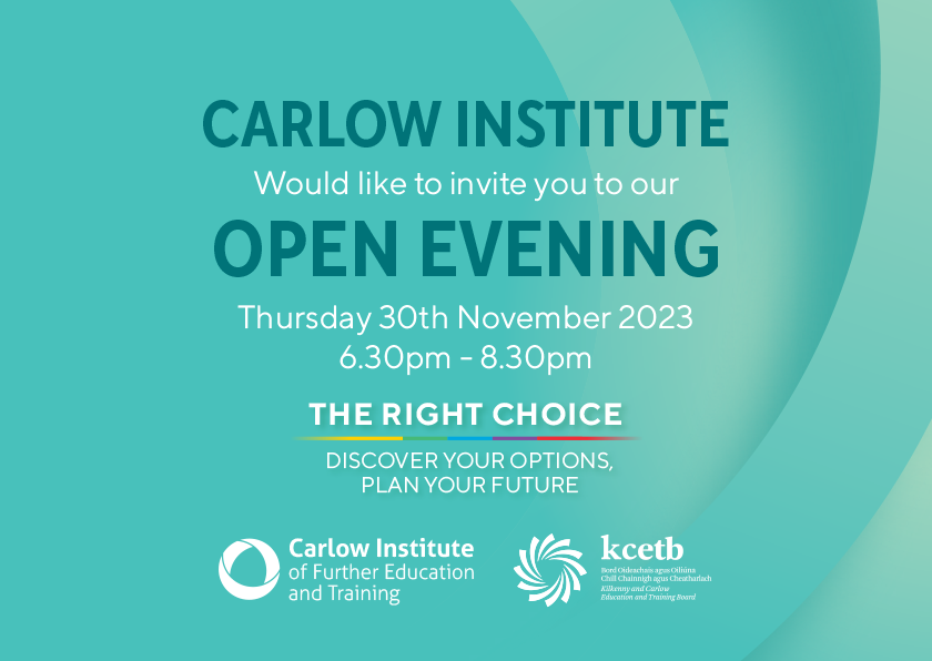 CICareers's tweet photo. Invite to Carlow Institute Open Evening, 
Thursday 30th Nov, 6.30pm to 8.30pm. # All #Welcome#Discover#option#plan your future https://t.co/Shj8jkpFXs