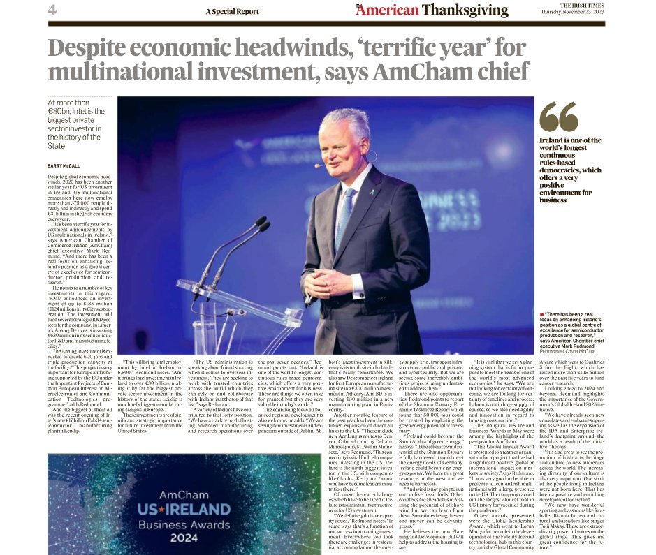 AmericanChamber's tweet photo. We are delighted to have partnered with The Irish Times on this special supplement for Thanksgiving.

With contributions from AmCham Chief Executive Mark Redmond

Find it here: https://t.co/C8E9ziAt11

#AmChamThanksgiving https://t.co/opEVBJMl89