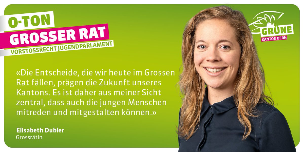 GRÜNE Kanton Bern (@gruenebern) on Twitter photo #Wintersession Das Jugendparlament <a href="/JupaKtBE/">Jugendparlament Kanton Bern</a> soll künftig Vorstösse in den Grossen Rat einbringen können. Der Grosse Rat hat heute mit deutlicher Mehrheit beschlossen, dass dafür die gesetzlichen Grundlagen erarbeitet werden sollen 🙋📣 <a href="/jungegruenebern/">Junge Grüne Kt. Bern</a> 🗯️ <a href="/LisiDubler/">Lisi Dubler</a> #Wintersession Das Jugendparlament <a href="/JupaKtBE/">Jugendparlament Kanton Bern</a> soll künftig Vorstösse in den Grossen Rat einbringen können. Der Grosse Rat hat heute mit deutlicher Mehrheit beschlossen, dass dafür die gesetzlichen Grundlagen erarbeitet werden sollen 🙋📣 <a href="/jungegruenebern/">Junge Grüne Kt. Bern</a> 🗯️ <a href="/LisiDubler/">Lisi Dubler</a>