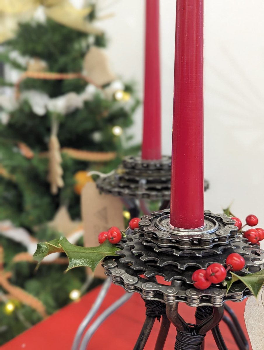 RediscoveryCtr's tweet photo. Check out our new upcycled candlestick holders, crafted in #RediscoverCycling! 

Can you guess what parts of the bike they're made from?

Explore these and more at our #Sustainable #ChristmasFair this Saturday: https://t.co/BFSEB2qIkW https://t.co/EG7pDrcDKl