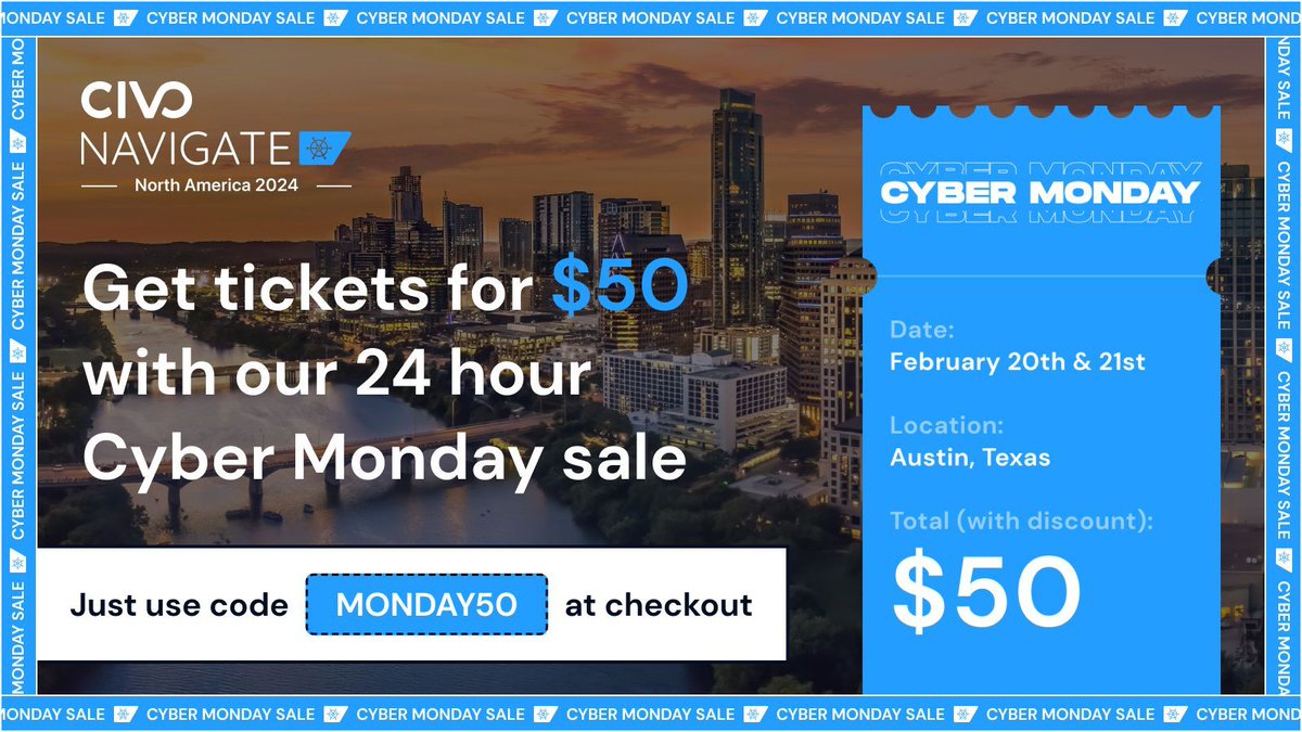 Missed our Black Friday sale? Don't worry! For Cyber Monday, we're offering Navigate North America tickets at a discounted price of only $50 🚨 Hurry, we only have 50 tickets available at this special rate. Use code MONDAY50 and get your tickets now at civo.io/46vlZ78