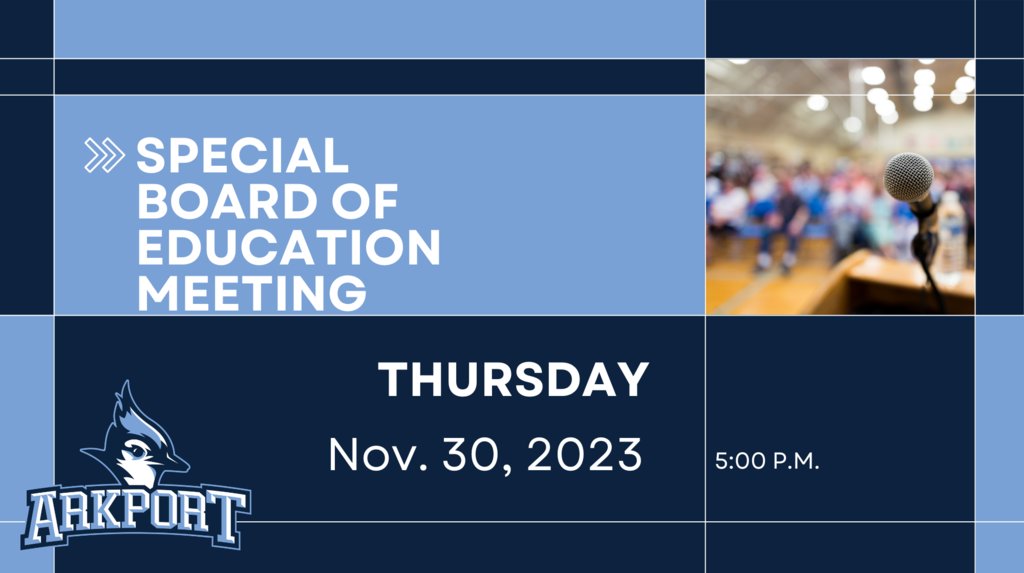 ArkportCsd's tweet photo. There will be a special meeting of the Arkport Board of Education on Thursday, Nov. 30, 2023. This meeting will be held at 5:00 p.m. in the board conference room. https://t.co/ww4NIBkNSQ