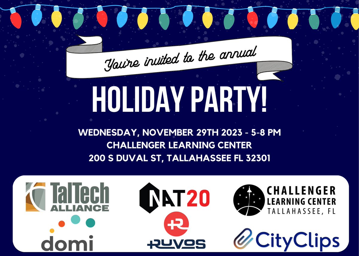 The Annual Tech Holiday Party is this Wednesday, November 29th from 5-8 PM at the Challenger Learning Center! There will be food, drinks, games, and so much more (including a Mars themed escape room!). Get your tickets today at zeffy.com/en-US/ticketin…