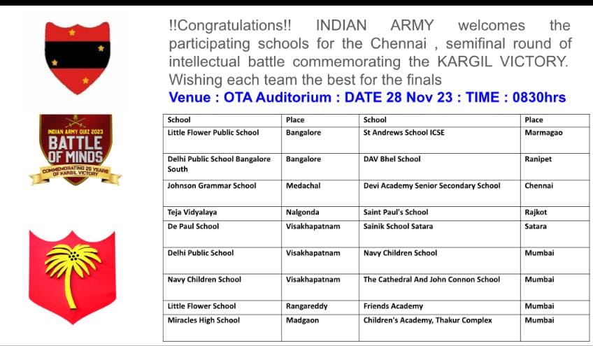 Def_PRO_Chennai's tweet photo. Congratulations!
INDIAN ARMY welcomes the participant schools for the Chennai-Semifinal of "Indian Army Quiz" commemorating #25YearsOfKargilVictory organised by Dakshin Bharat Area on behalf @IaSouthern #IndianArmy.
Loc: Officers Training Academy, Chennai
@adgpi @DefenceMinIndia https://t.co/iHSI7PaeOm
