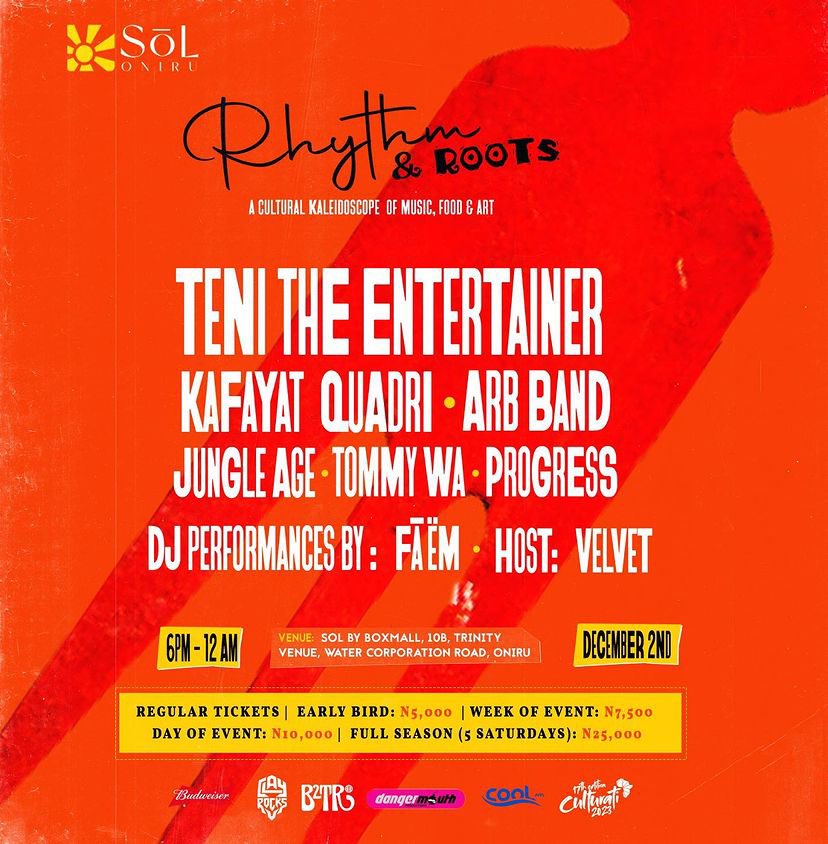 whatadealafrica's tweet photo. Take your Saturday plans to a whole new level! Join us for the 4th edition of #rhythmnroots23, featuring the incredible @tenitheentertainer and a lineup that'll blow your mind: @tommywatomiwa, @kafayatquadri, @arbmusicband, @progressofficial_, and @jungleage. https://t.co/OwZJkUHG84
